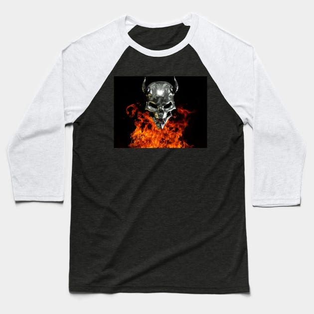 Chrome Demon Skull with Fire Baseball T-Shirt by ColorFlowCreations